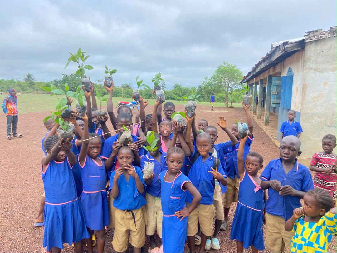 Pupils from a community school in Kambia District, Sierra Leone, raising tree seedlings above their heads outside their schoolhouse
